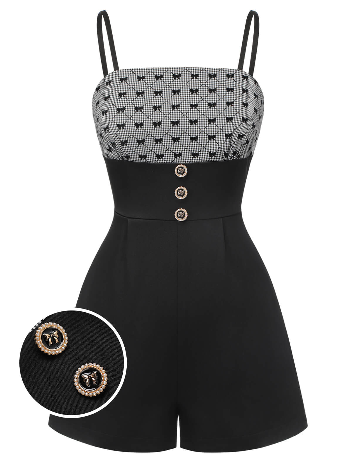 [Pre-Sale] Black 1950s Bow Button Patchwork Strap Romper