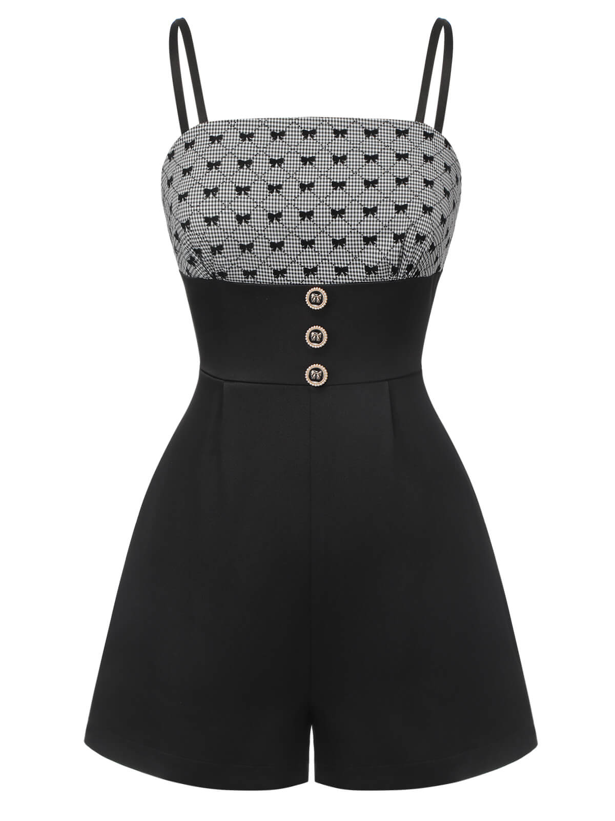 [Pre-Sale] Black 1950s Bow Button Patchwork Strap Romper