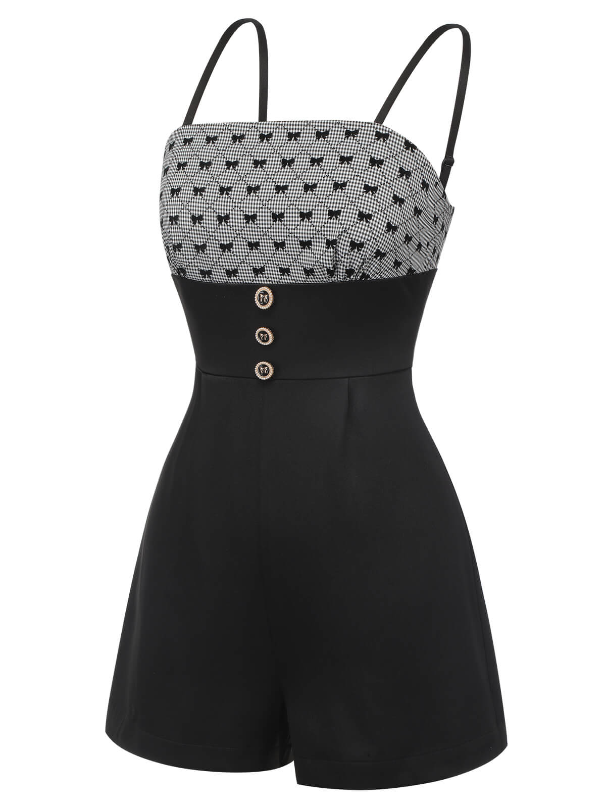 [Pre-Sale] Black 1950s Bow Button Patchwork Strap Romper