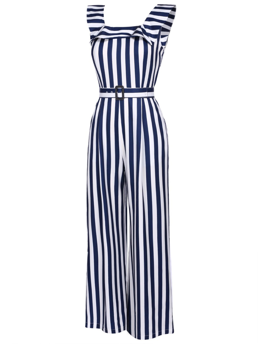 Blue 1930s Striped Ruffle Jumpsuit