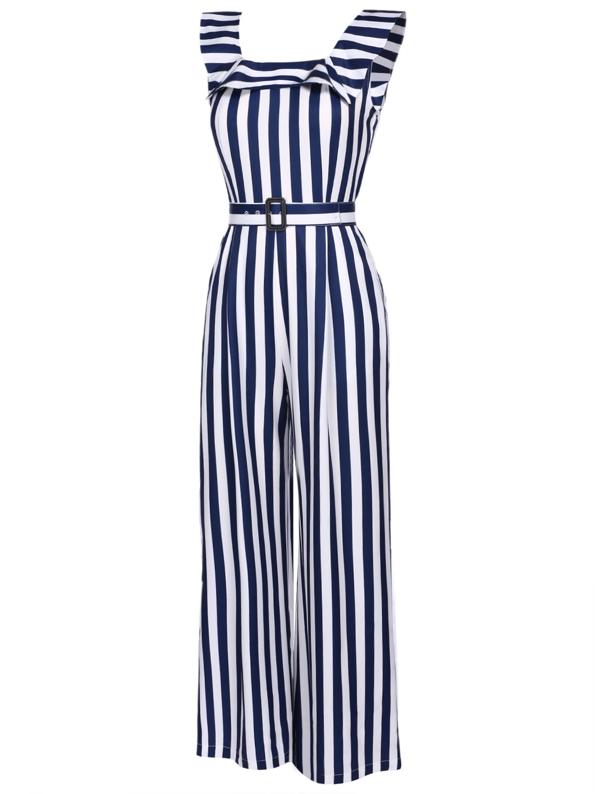 Blue 1930s Striped Ruffle Jumpsuit
